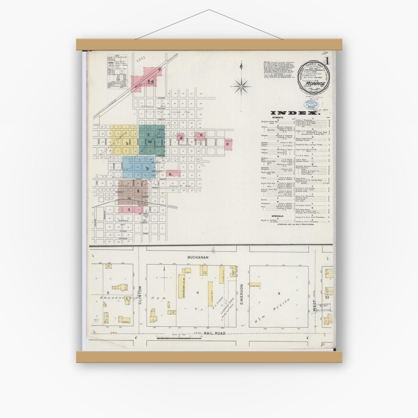 Old map wall art mockup — magnetic wood frame on white wall — Sanborn Fire Insurance Map from Monroe, Green County, Wisconsin (1894) - Complete Map Set