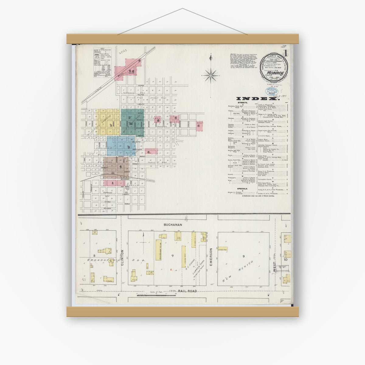 Old map wall art mockup — magnetic wood frame on white wall — Sanborn Fire Insurance Map from Monroe, Green County, Wisconsin (1894) - Complete Map Set