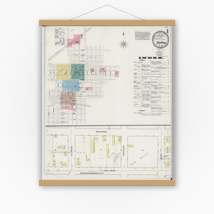 Old map wall art mockup — magnetic wood frame on white wall — Sanborn Fire Insurance Map from Monroe, Green County, Wisconsin (1894) - Complete Map Set