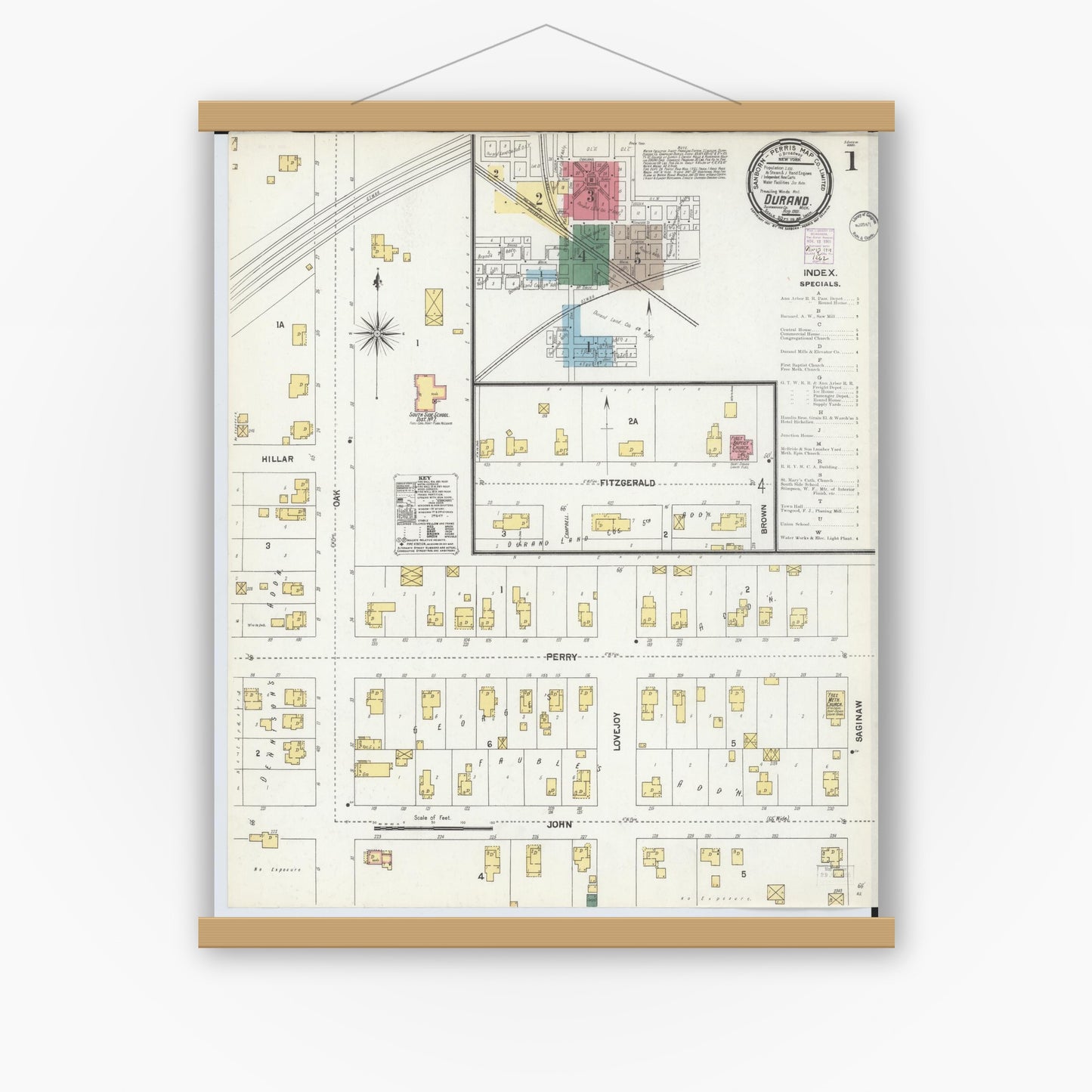 Old map wall art mockup — magnetic wood frame on white wall — Sanborn Fire Insurance Map from Durand, Shiawassee County, Michigan (1901), Sheet #0001