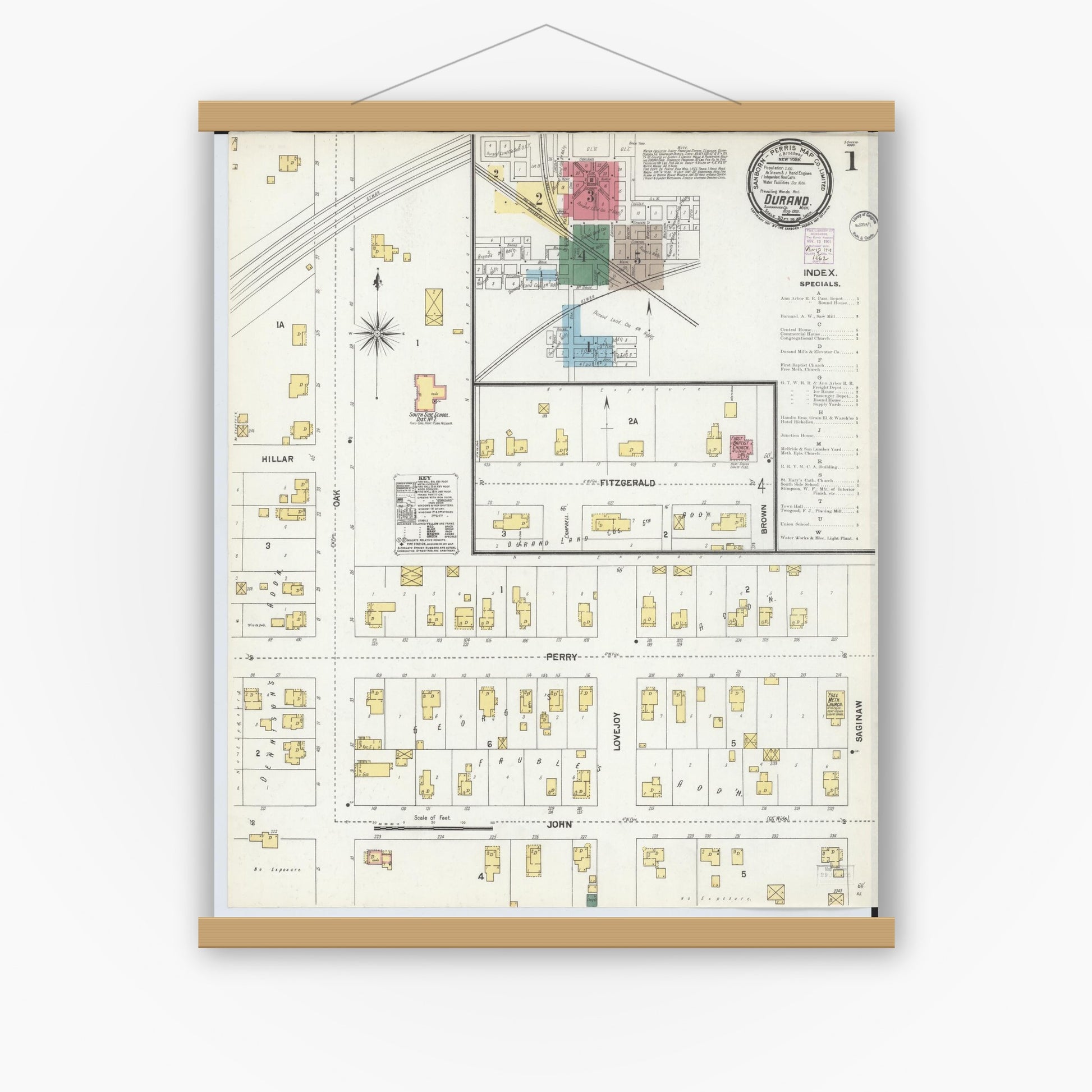 Old map wall art mockup — magnetic wood frame on white wall — Sanborn Fire Insurance Map from Durand, Shiawassee County, Michigan (1901), Sheet #0001
