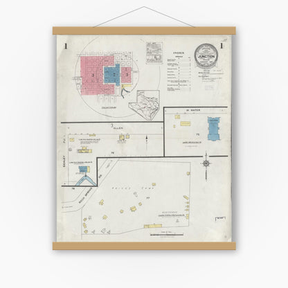 Old map wall art mockup — magnetic wood frame on white wall — Sanborn Fire Insurance Map from Junction, Kimble County, Texas (1926), Sheet #0001