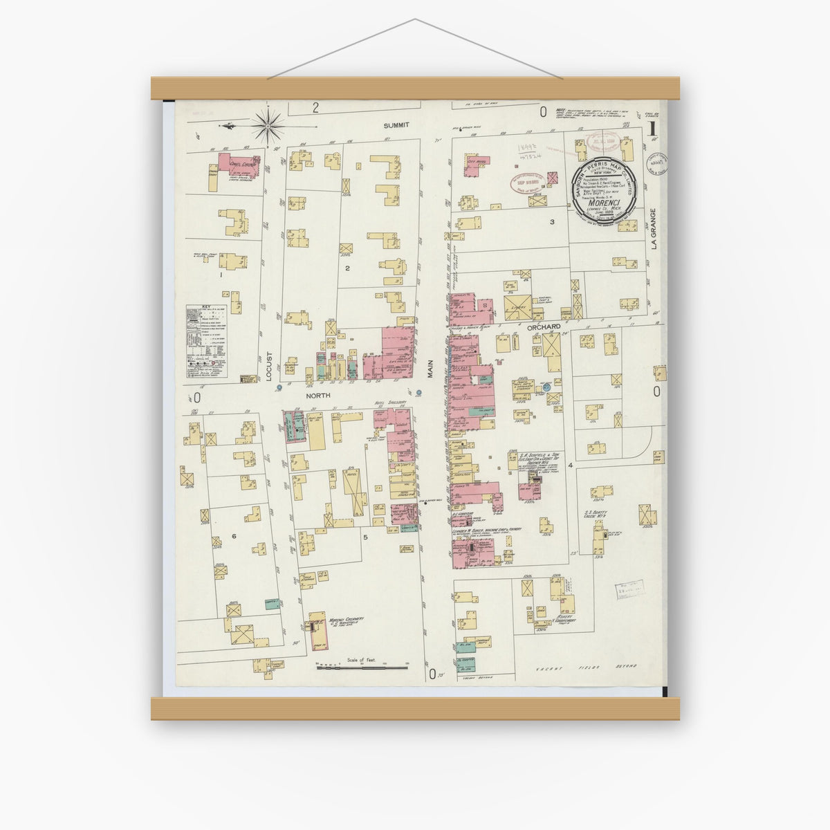 Old map wall art mockup — magnetic wood frame on white wall — Sanborn Fire Insurance Map from Morenci, Lenawee County, Michigan (1899), Sheet #0001