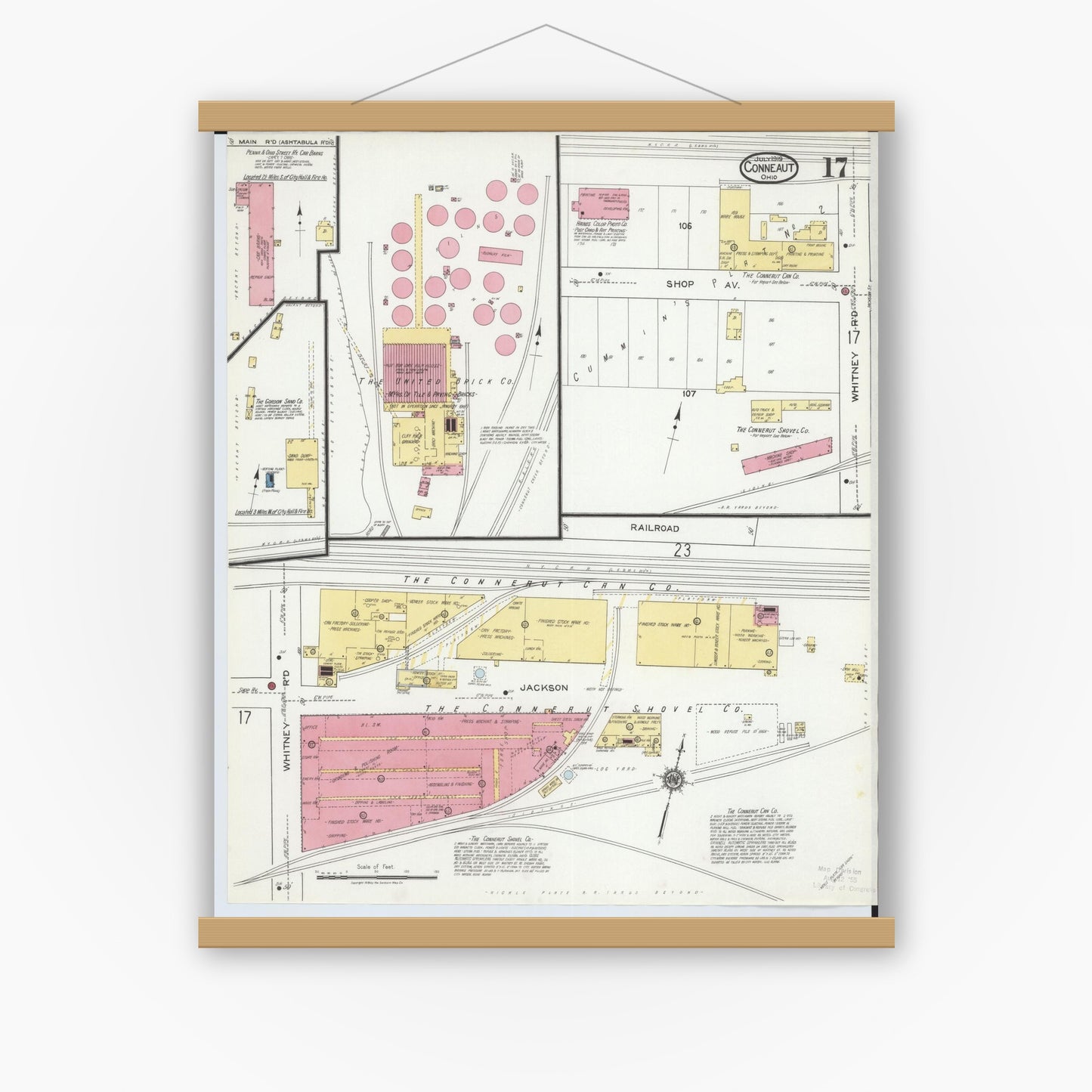 Old map wall art mockup — magnetic wood frame on white wall — Sanborn Fire Insurance Map from Conneaut, Ashtabula County, Ohio (1919), Sheet #0017