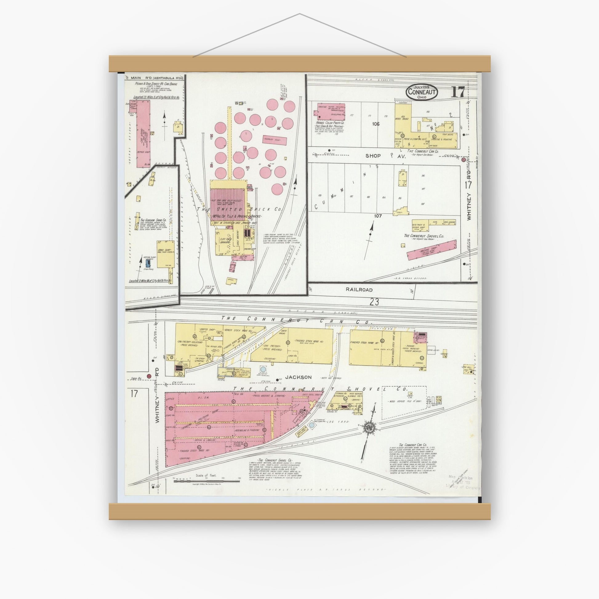 Old map wall art mockup — magnetic wood frame on white wall — Sanborn Fire Insurance Map from Conneaut, Ashtabula County, Ohio (1919), Sheet #0017