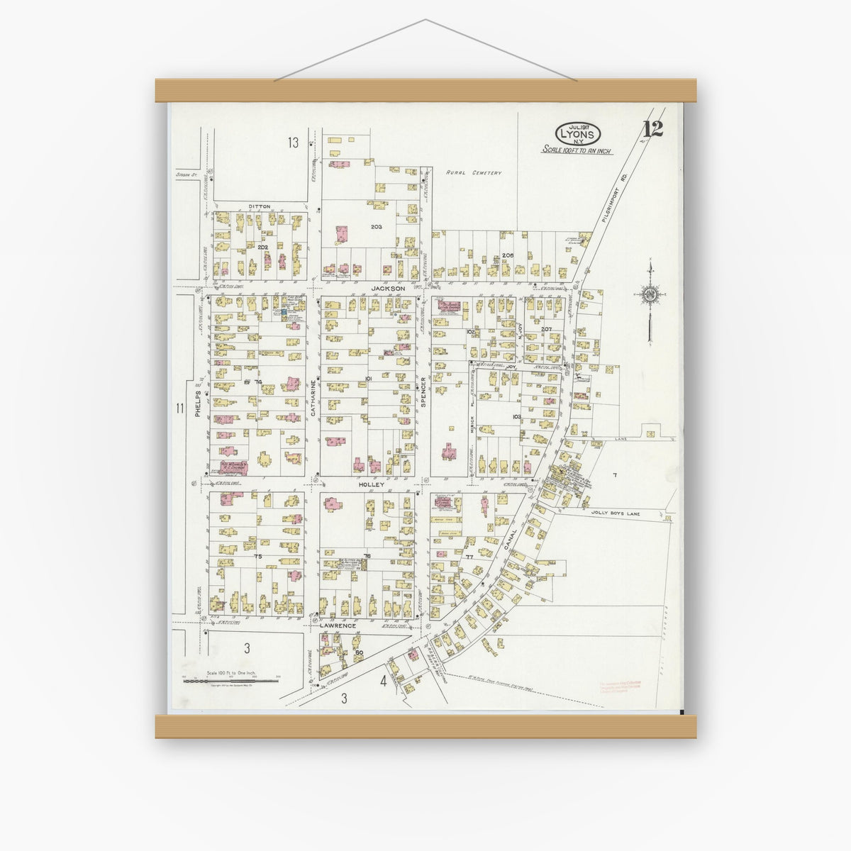 Old map wall art mockup — magnetic wood frame on white wall — Sanborn Fire Insurance Map from Lyons, Wayne County, New York (1917), Sheet #0012