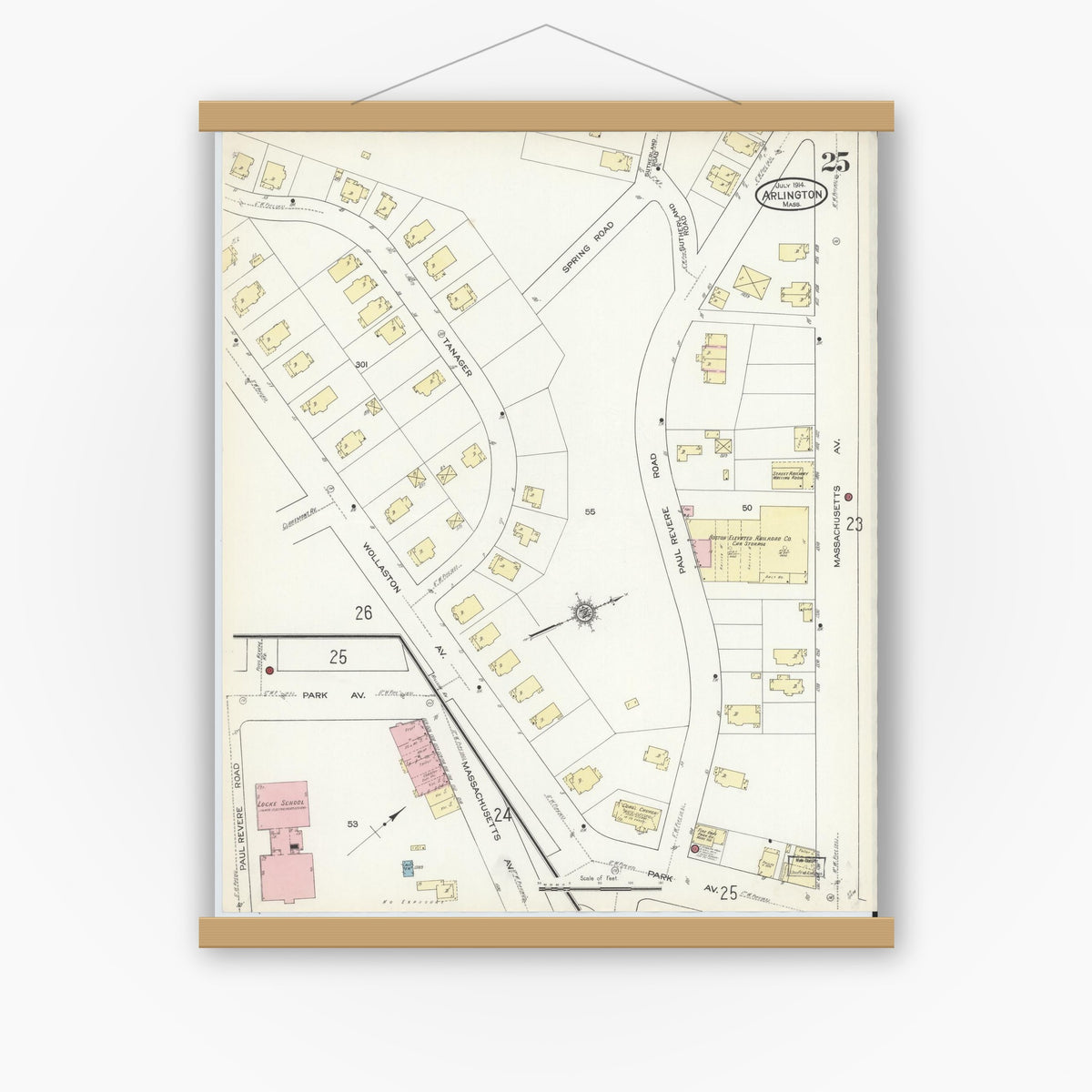 Old map wall art mockup — magnetic wood frame on white wall — Sanborn Fire Insurance Map from Arlington, Middlesex County, Massachusetts (1914), Sheet #0025