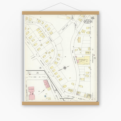 Old map wall art mockup — magnetic wood frame on white wall — Sanborn Fire Insurance Map from Arlington, Middlesex County, Massachusetts (1914), Sheet #0025