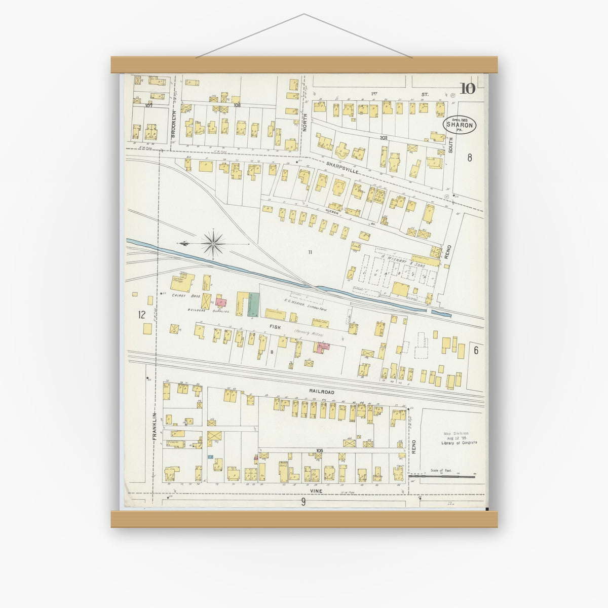 Old map wall art mockup — magnetic wood frame on white wall — Sanborn Fire Insurance Map from Sharon, Mercer County, Pennsylvania (1903), Sheet #0010