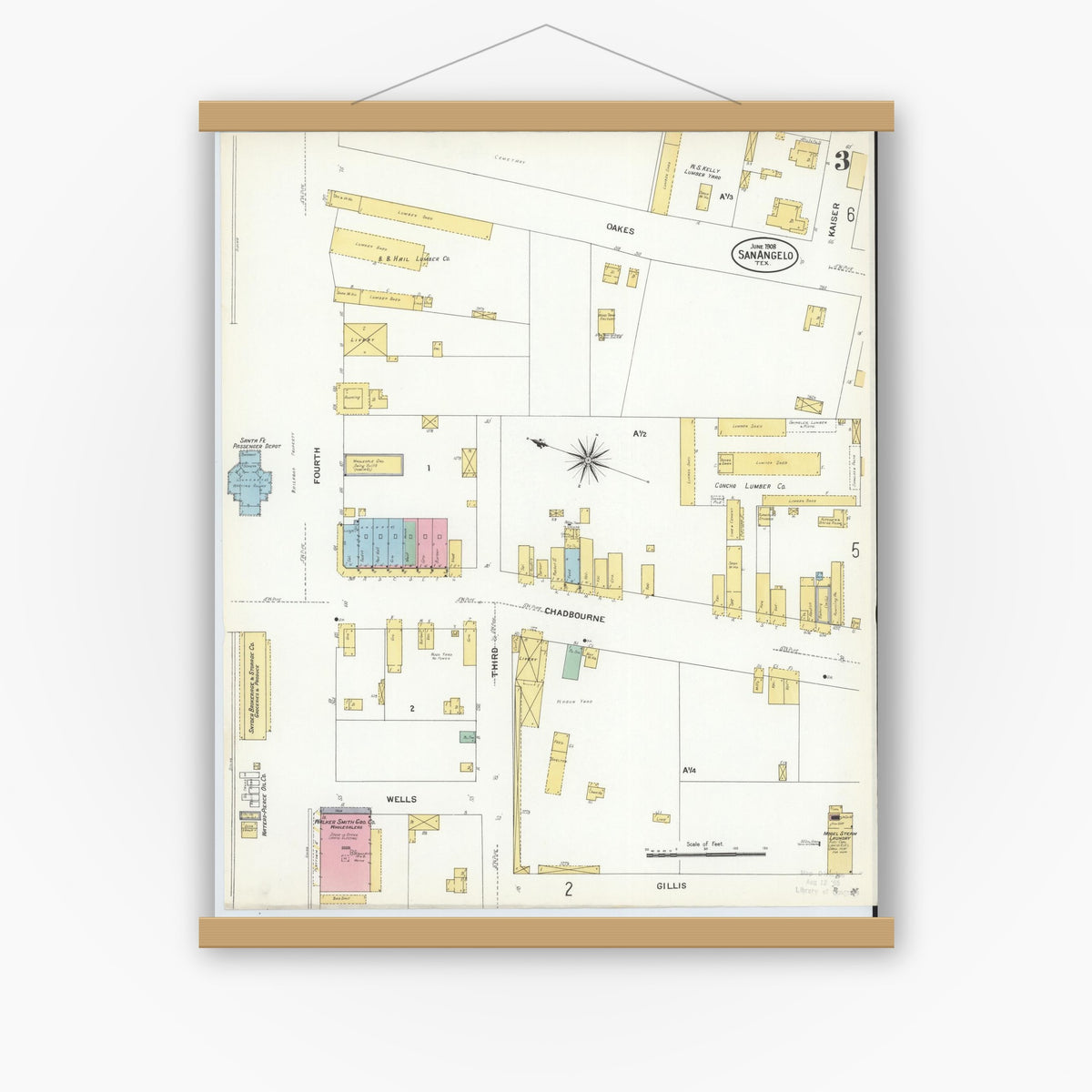 Old map wall art mockup — magnetic wood frame on white wall — Sanborn Fire Insurance Map from San Angelo, Tom Green County, Texas (1908), Sheet #0003
