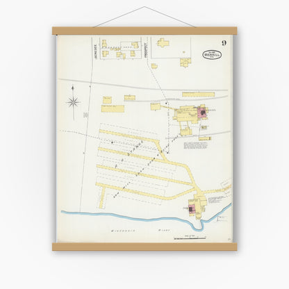 Old map wall art mockup — magnetic wood frame on white wall — Sanborn Fire Insurance Map from Merrill, Lincoln County, Wisconsin (1892), Sheet #0009