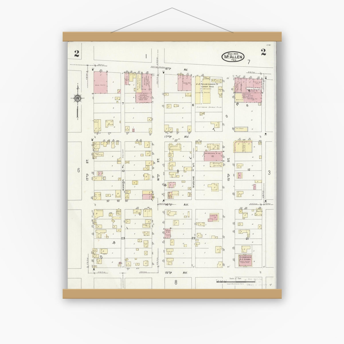 Old map wall art mockup — magnetic wood frame on white wall — Sanborn Fire Insurance Map from McAllen, Hidalgo County, Texas (1925), Sheet #0002