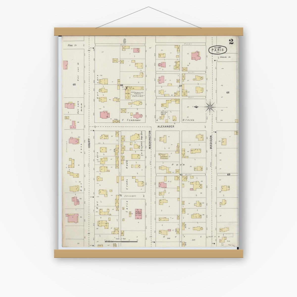 Old map wall art mockup — magnetic wood frame on white wall — Sanborn Fire Insurance Map from Paris, Edgar County, Illinois (1895), Sheet #0002
