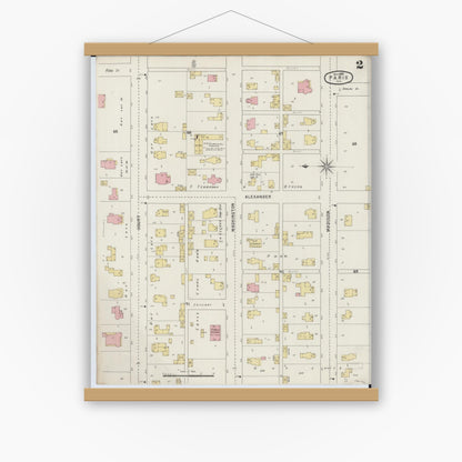 Old map wall art mockup — magnetic wood frame on white wall — Sanborn Fire Insurance Map from Paris, Edgar County, Illinois (1895), Sheet #0002