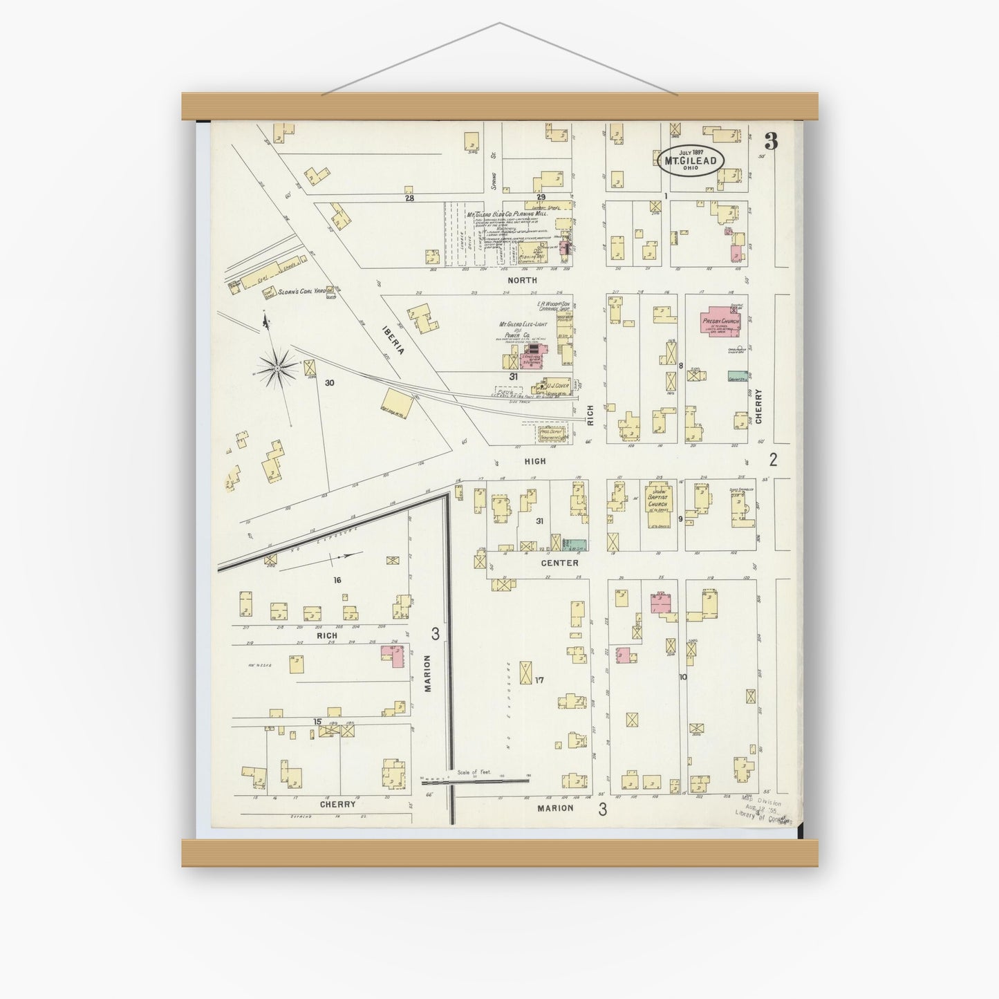 Old map wall art mockup — magnetic wood frame on white wall — Sanborn Fire Insurance Map from Mount Gilead, Morrow County, Ohio (1897), Sheet #0003
