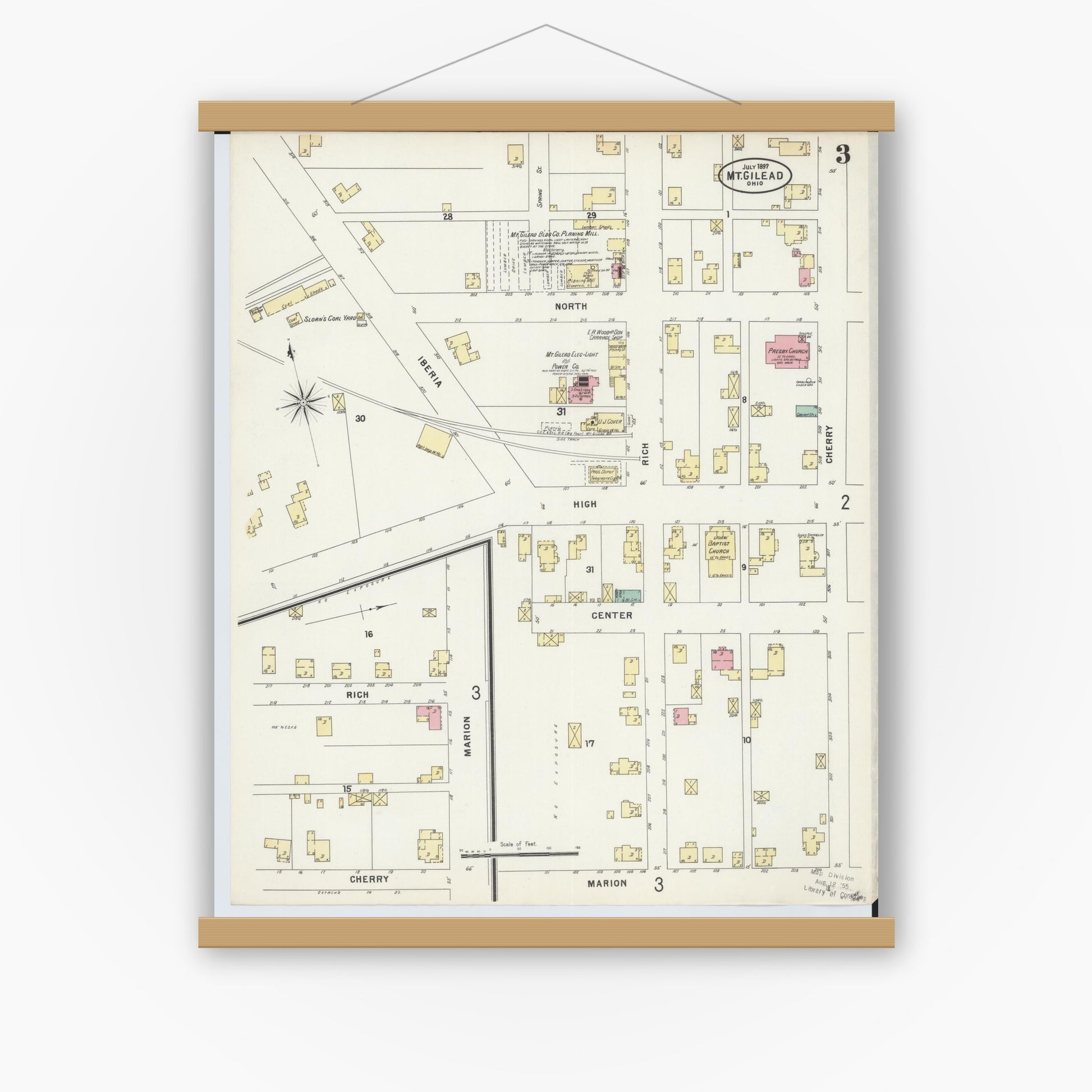 Old map wall art mockup — magnetic wood frame on white wall — Sanborn Fire Insurance Map from Mount Gilead, Morrow County, Ohio (1897), Sheet #0003