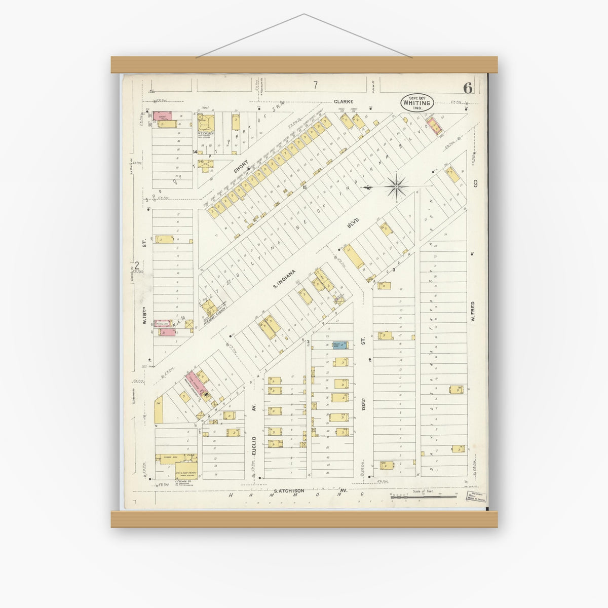 Old map wall art mockup — magnetic wood frame on white wall — Sanborn Fire Insurance Map from Whiting, Lake County, Indiana (1907), Sheet #0006