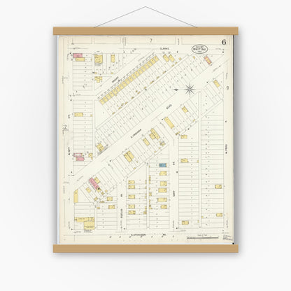 Old map wall art mockup — magnetic wood frame on white wall — Sanborn Fire Insurance Map from Whiting, Lake County, Indiana (1907), Sheet #0006
