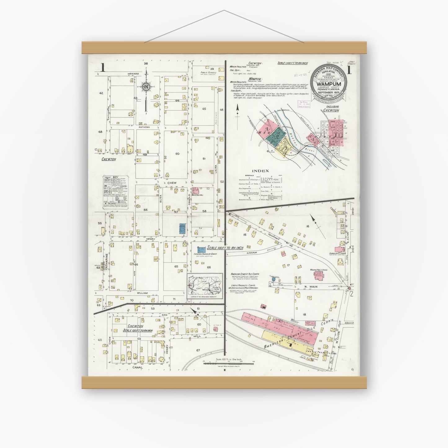 Old map wall art mockup — magnetic wood frame on white wall — Sanborn Fire Insurance Map from Wampum, Lawrence County, Pennsylvania (1925) - Complete Map Set