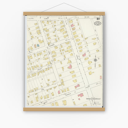 Old map wall art mockup — magnetic wood frame on white wall — Sanborn Fire Insurance Map from Salem, Columbiana County, Ohio (1915), Sheet #0010