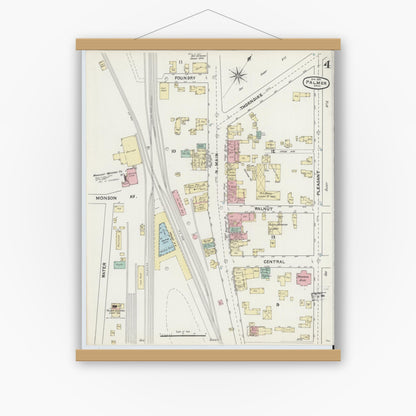 Old map wall art mockup — magnetic wood frame on white wall — Sanborn Fire Insurance Map from Palmer, Hampden County, Massachusetts (1891), Sheet #0004