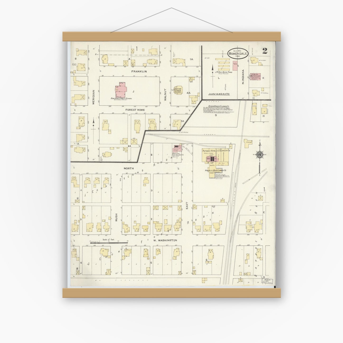 Old map wall art mockup — magnetic wood frame on white wall — Sanborn Fire Insurance Map from Roachdale, Putnam County, Indiana (1910), Sheet #0002