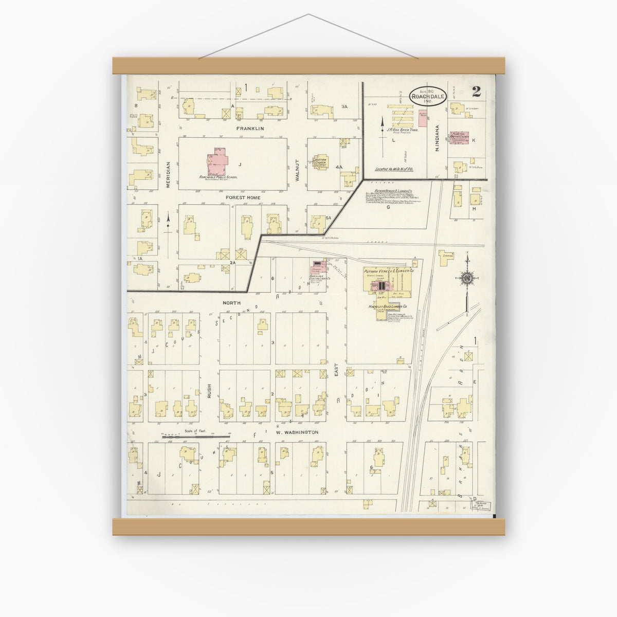 Old map wall art mockup — magnetic wood frame on white wall — Sanborn Fire Insurance Map from Roachdale, Putnam County, Indiana (1910), Sheet #0002