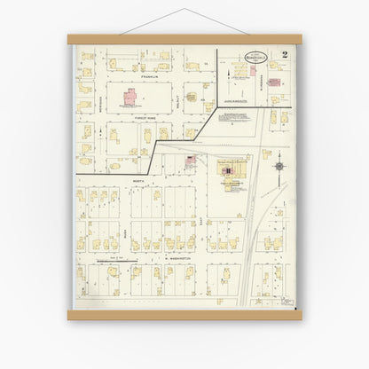 Old map wall art mockup — magnetic wood frame on white wall — Sanborn Fire Insurance Map from Roachdale, Putnam County, Indiana (1910), Sheet #0002