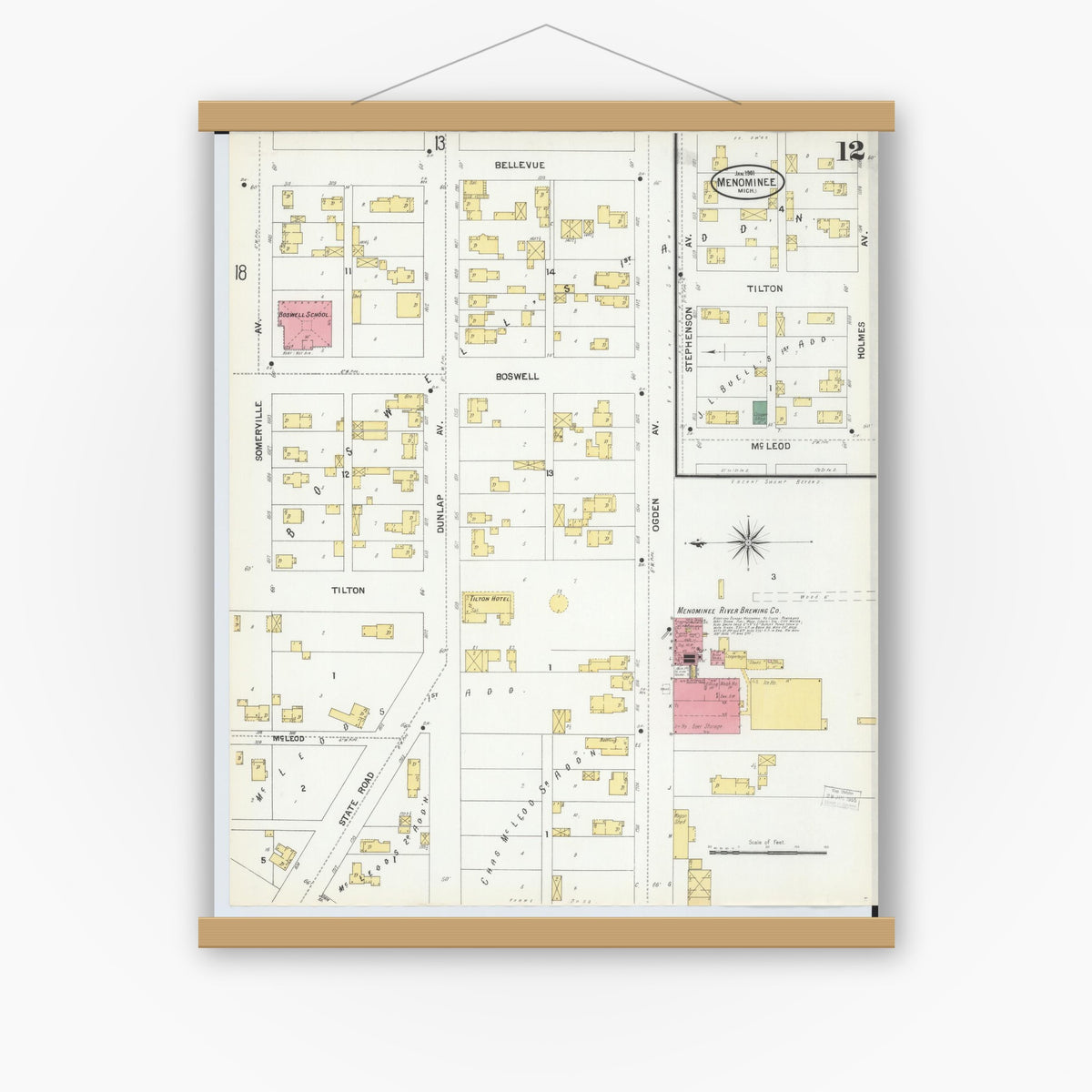 Old map wall art mockup — magnetic wood frame on white wall — Sanborn Fire Insurance Map from Menominee, Menominee County, Michigan (1901), Sheet #0012