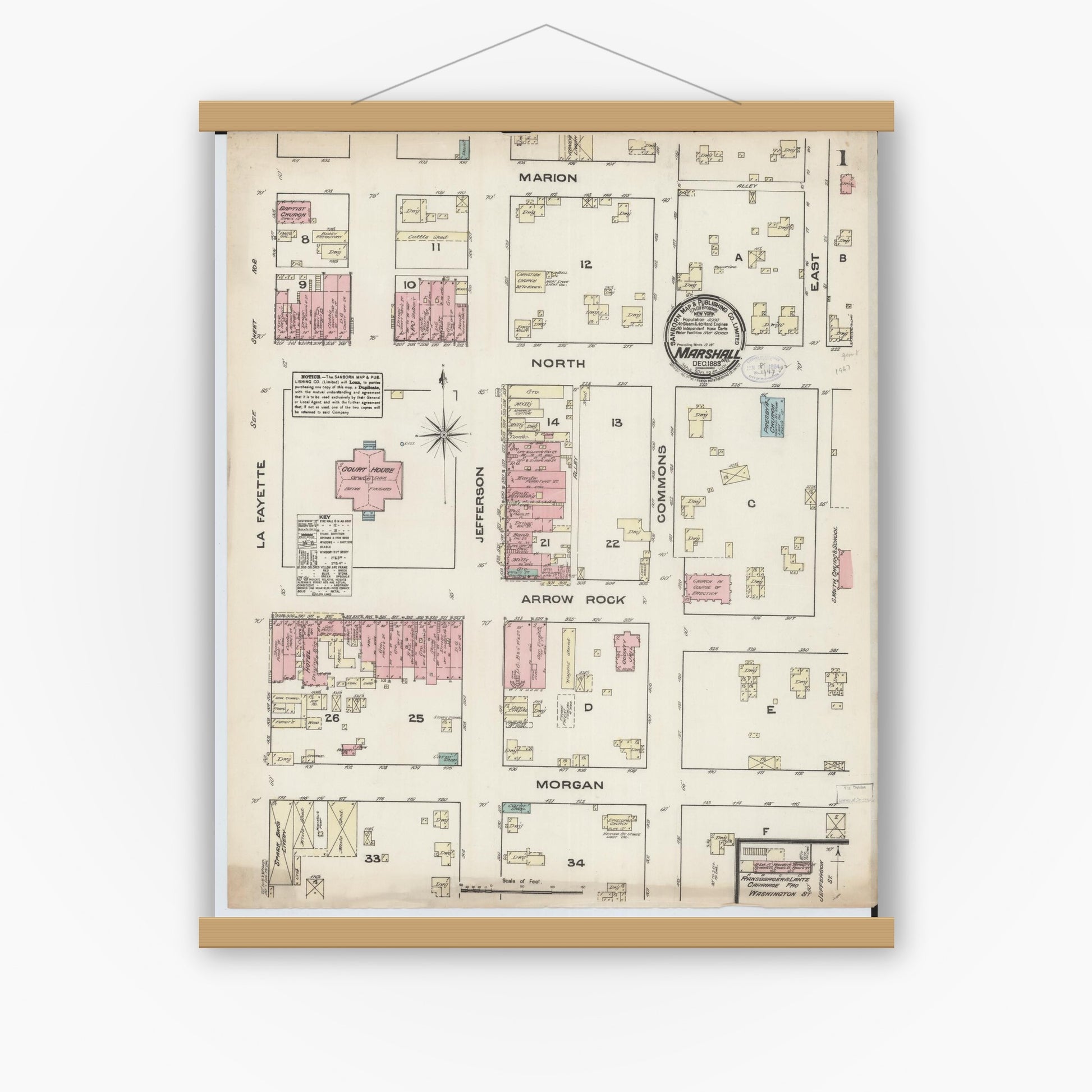 Old map wall art mockup — magnetic wood frame on white wall — Sanborn Fire Insurance Map from Marshall, Saline County, Missouri (1883), Sheet #0001