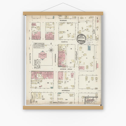Old map wall art mockup — magnetic wood frame on white wall — Sanborn Fire Insurance Map from Marshall, Saline County, Missouri (1883), Sheet #0001