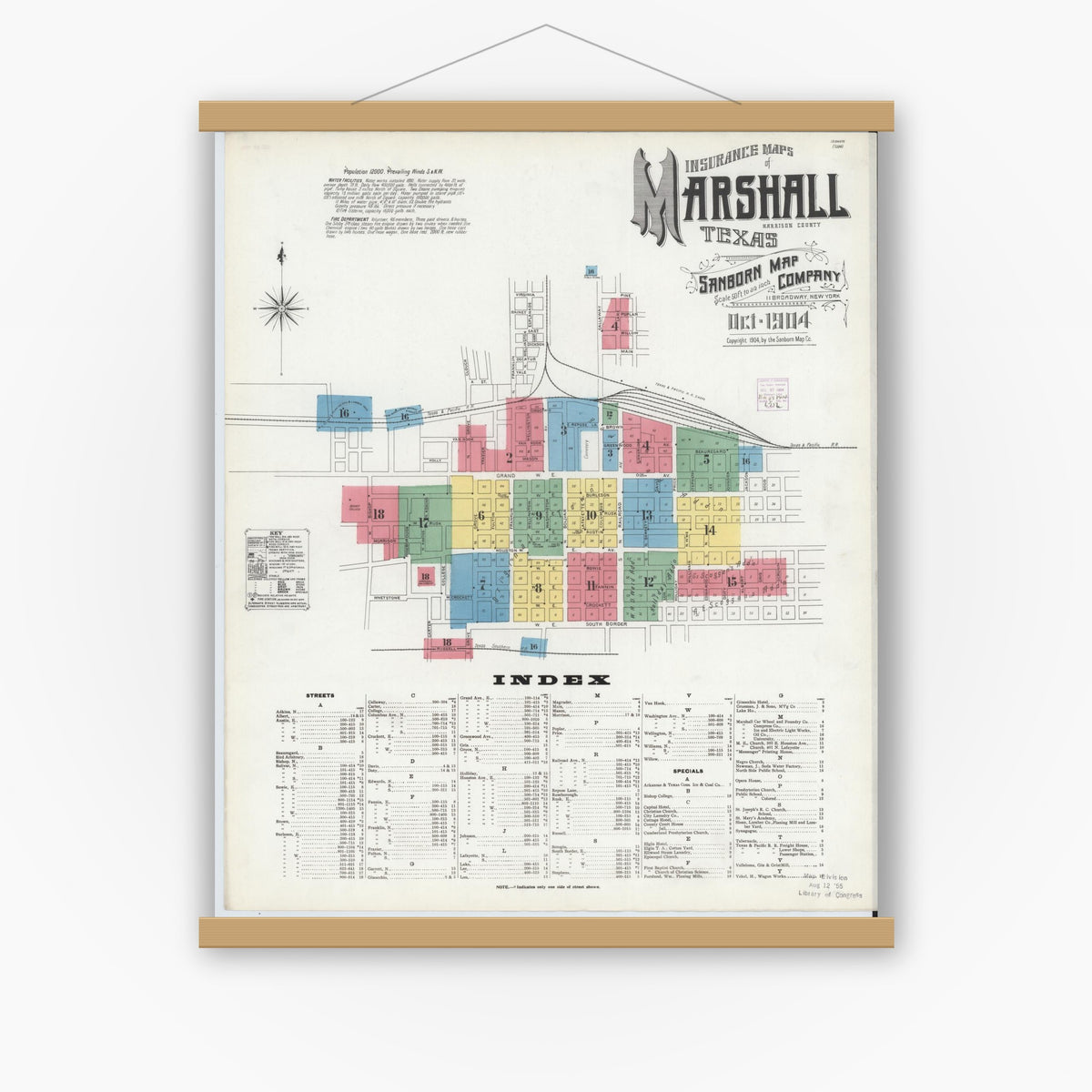 Old map wall art mockup — magnetic wood frame on white wall — Sanborn Fire Insurance Map from Marshall, Harrison County, Texas (1904) - Complete Map Set