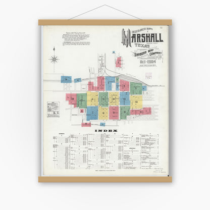 Old map wall art mockup — magnetic wood frame on white wall — Sanborn Fire Insurance Map from Marshall, Harrison County, Texas (1904) - Complete Map Set
