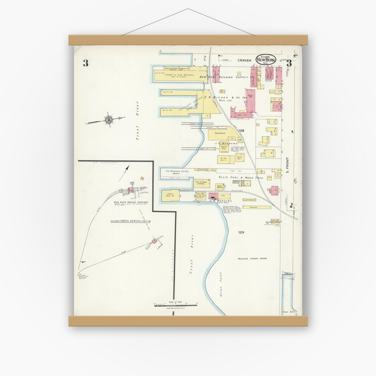 Old map wall art mockup — magnetic wood frame on white wall — Sanborn Fire Insurance Map from New Bern, Craven County, North Carolina (1924), Sheet #0003