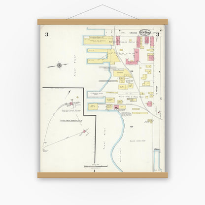 Old map wall art mockup — magnetic wood frame on white wall — Sanborn Fire Insurance Map from New Bern, Craven County, North Carolina (1924), Sheet #0003