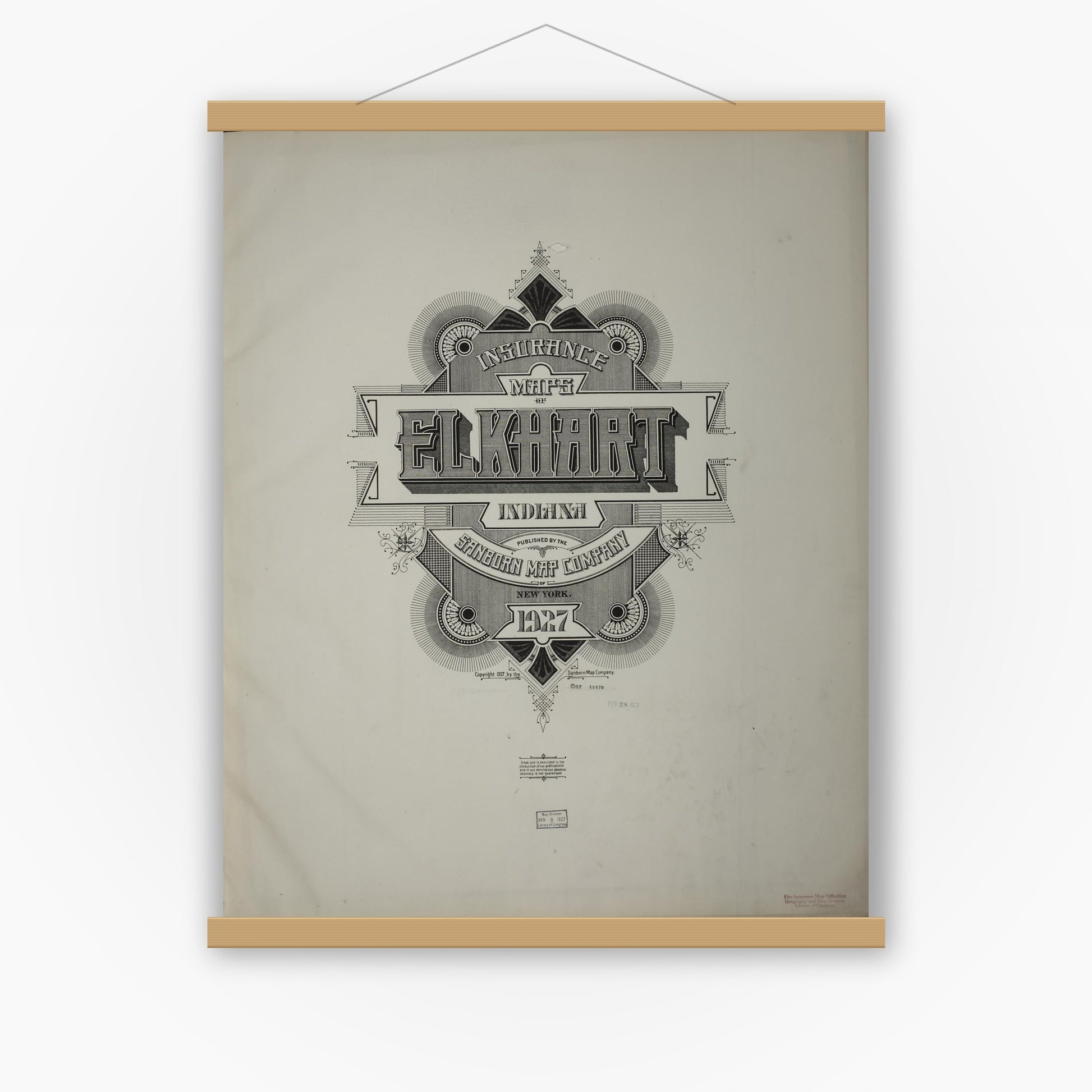 Old map wall art mockup — magnetic wood frame on white wall — Sanborn Fire Insurance Map from Elkhart, Elkhart County, Indiana (1927), Sheet #0001