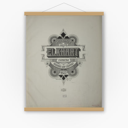 Old map wall art mockup — magnetic wood frame on white wall — Sanborn Fire Insurance Map from Elkhart, Elkhart County, Indiana (1927), Sheet #0001
