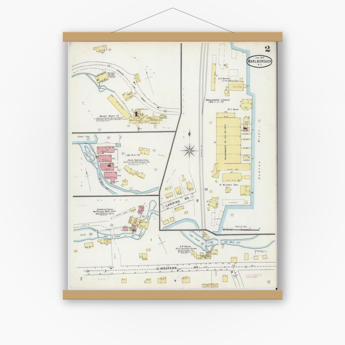 Old map wall art mockup — magnetic wood frame on white wall — Sanborn Fire Insurance Map from Marlborough, Ulster County, New York (1895), Sheet #0002