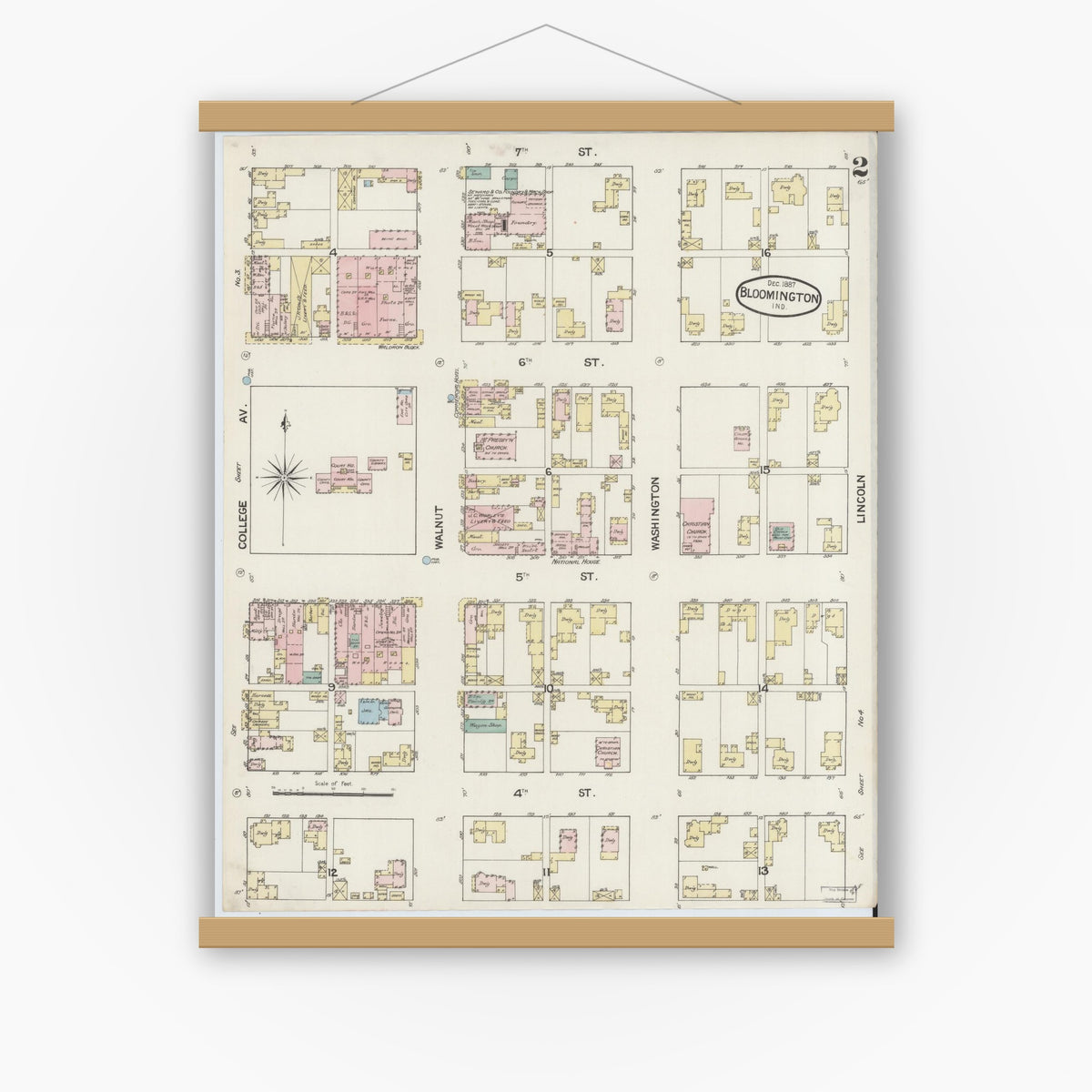 Old map wall art mockup — magnetic wood frame on white wall — Sanborn Fire Insurance Map from Bloomington, Monroe County, Indiana (1887), Sheet #0002