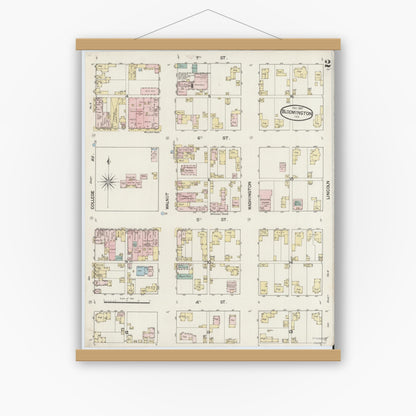 Old map wall art mockup — magnetic wood frame on white wall — Sanborn Fire Insurance Map from Bloomington, Monroe County, Indiana (1887), Sheet #0002