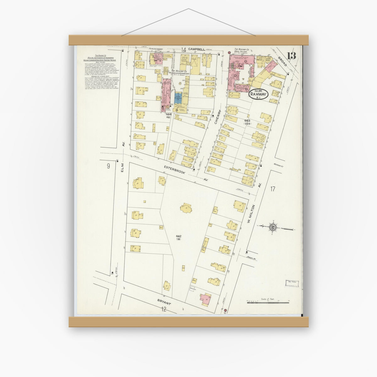 Old map wall art mockup — magnetic wood frame on white wall — Sanborn Fire Insurance Map from Rahway, Union County, New Jersey (1915), Sheet #0013