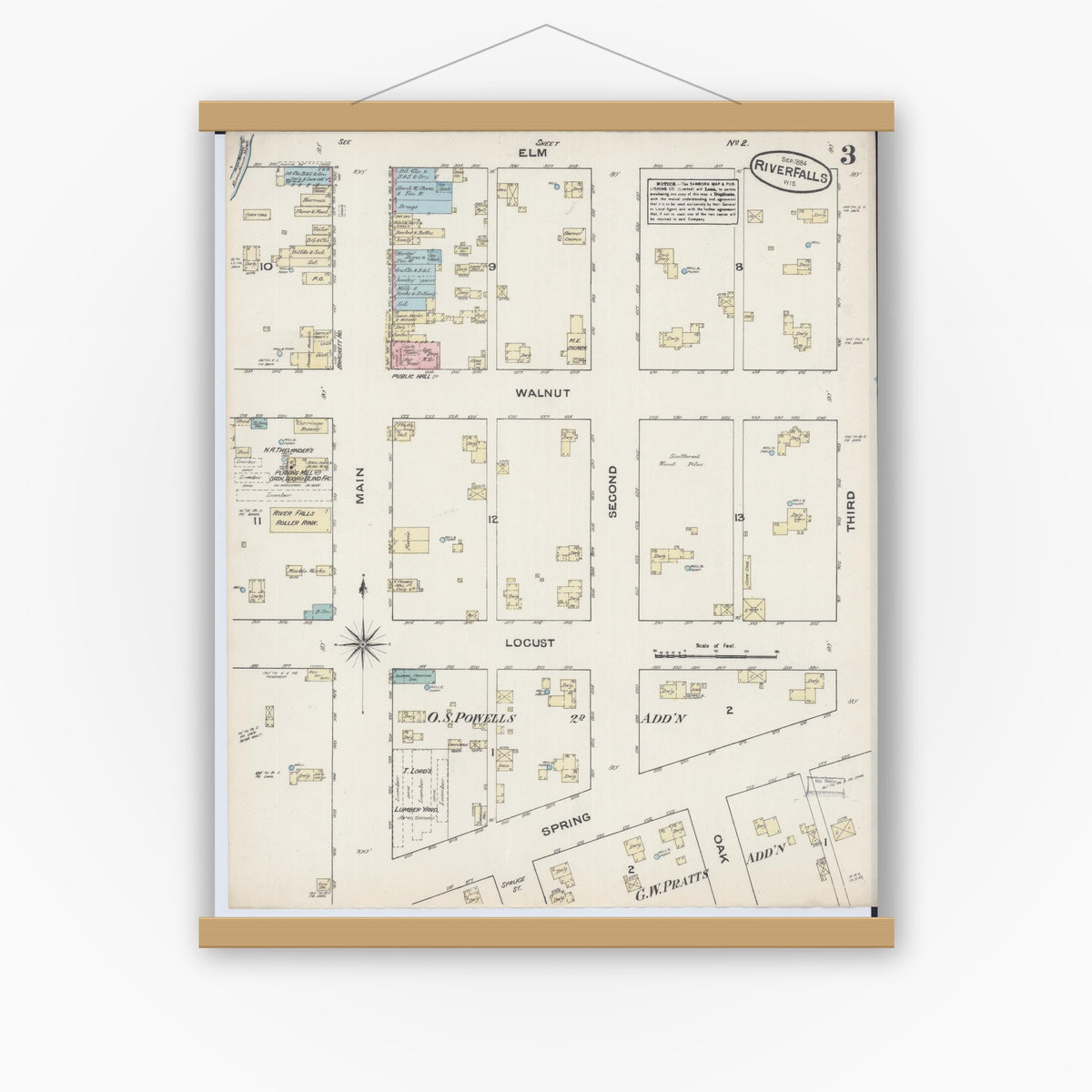 Old map wall art mockup — magnetic wood frame on white wall — Sanborn Fire Insurance Map from River Falls, St. Croix and Pierce Counties, Wisconsin (1884), Sheet #0003