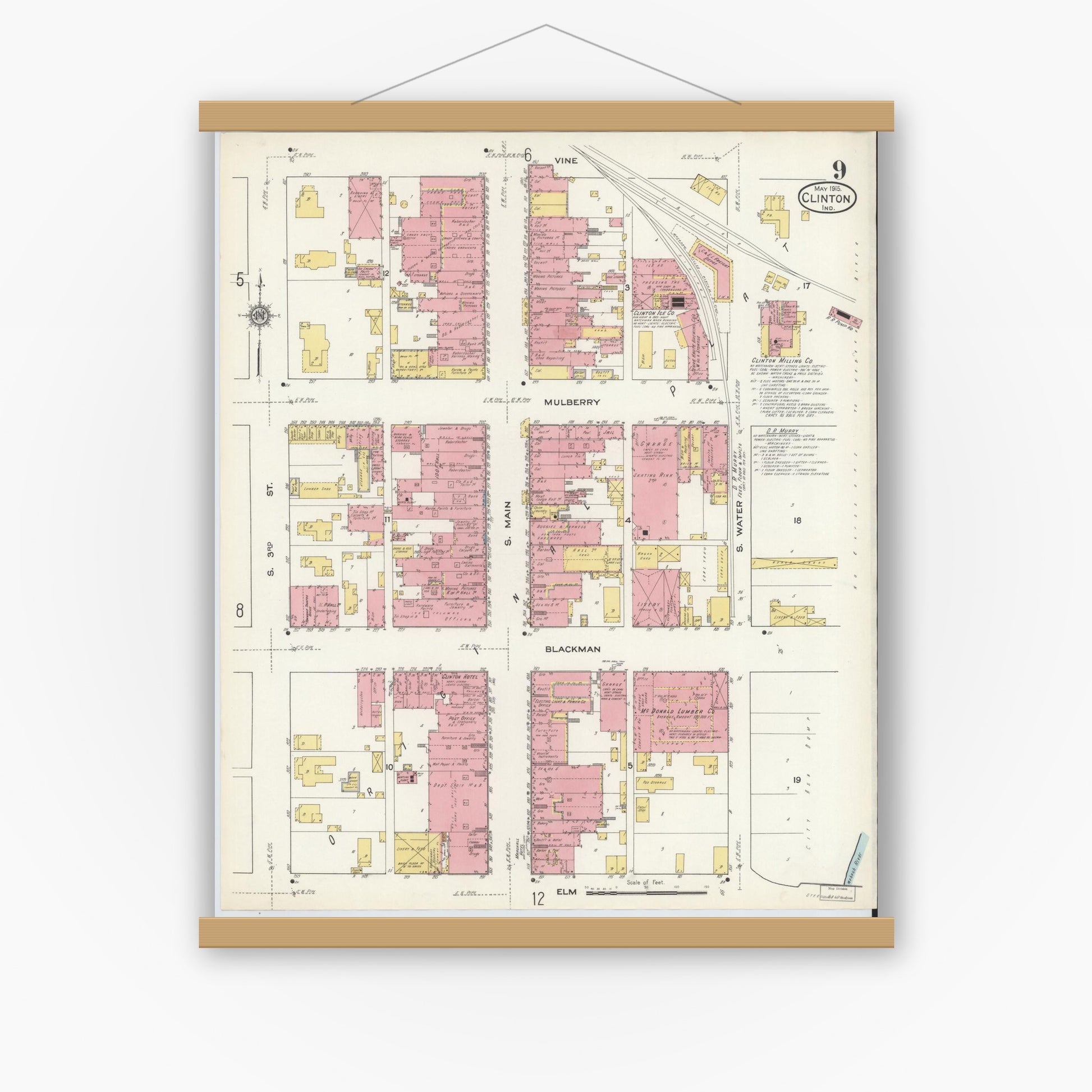 Old map wall art mockup — magnetic wood frame on white wall — Sanborn Fire Insurance Map from Clinton, Vermillion County, Indiana (1915), Sheet #0009