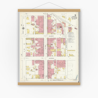 Old map wall art mockup — magnetic wood frame on white wall — Sanborn Fire Insurance Map from Clinton, Vermillion County, Indiana (1915), Sheet #0009