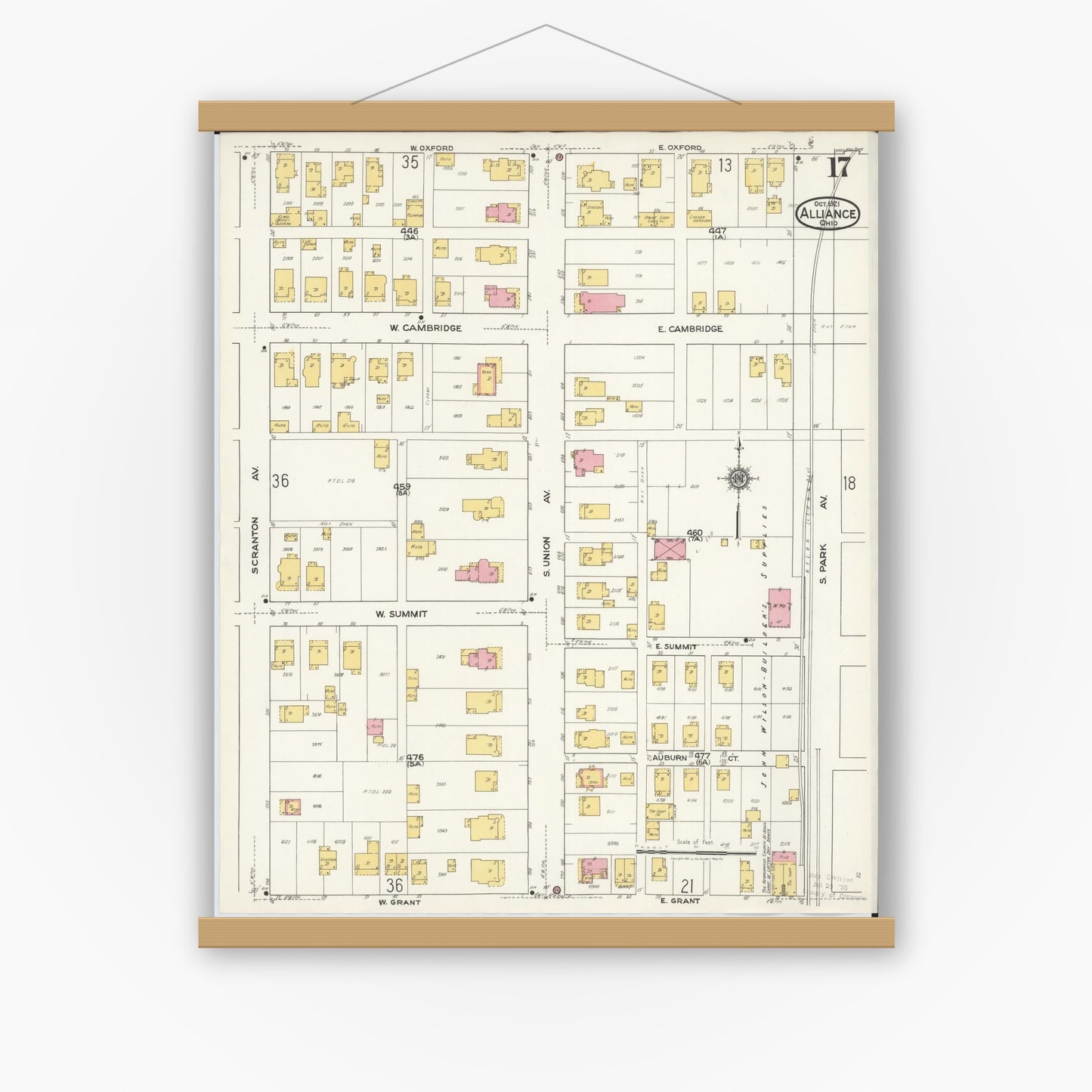 Old map wall art mockup — magnetic wood frame on white wall — Sanborn Fire Insurance Map from Alliance, Stark County, Ohio (1921), Sheet #0017