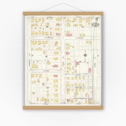 Old map wall art mockup — magnetic wood frame on white wall — Sanborn Fire Insurance Map from Alliance, Stark County, Ohio (1921), Sheet #0017