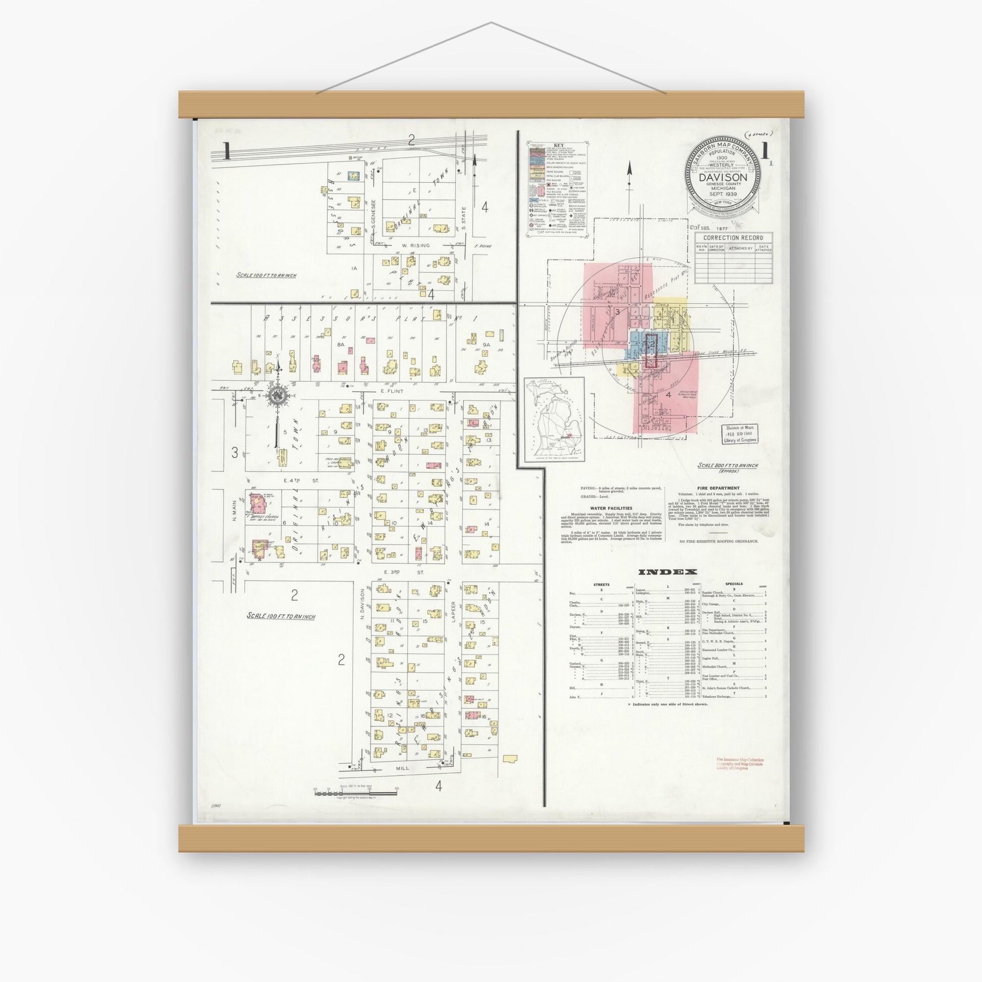 Old map wall art mockup — magnetic wood frame on white wall — Sanborn Fire Insurance Map from Davison, Genesee County, Michigan (1939) - Complete Map Set