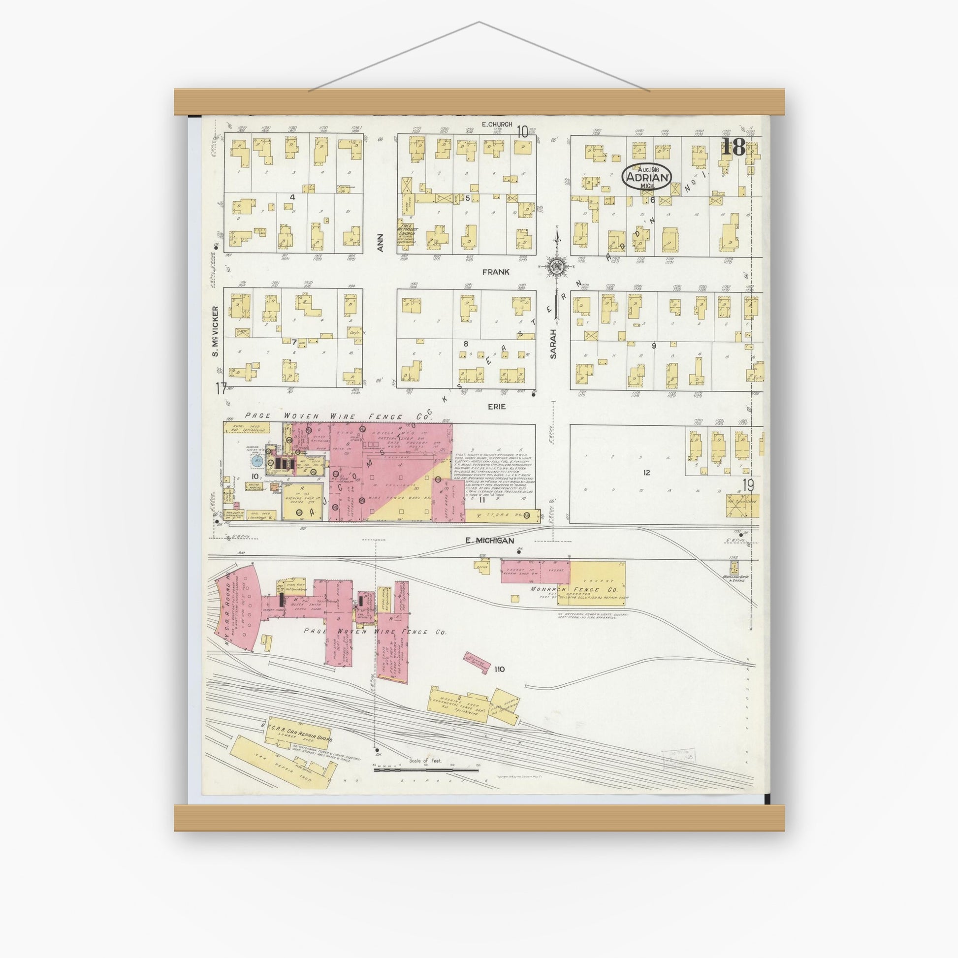 Old map wall art mockup — magnetic wood frame on white wall — Sanborn Fire Insurance Map from Adrian, Lenawee County, Michigan (1916), Sheet #0018