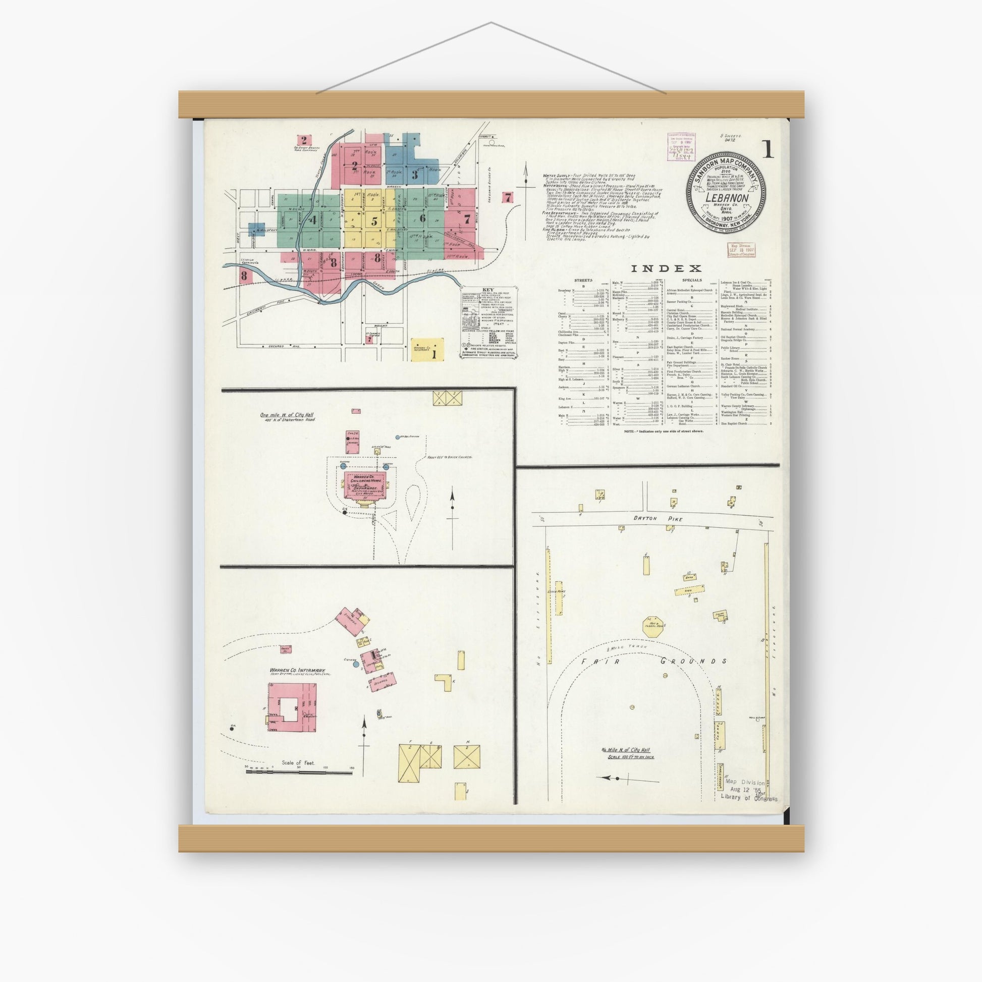 Old map wall art mockup — magnetic wood frame on white wall — Sanborn Fire Insurance Map from Lebanon, Warren County, Ohio (1907), Sheet #0001