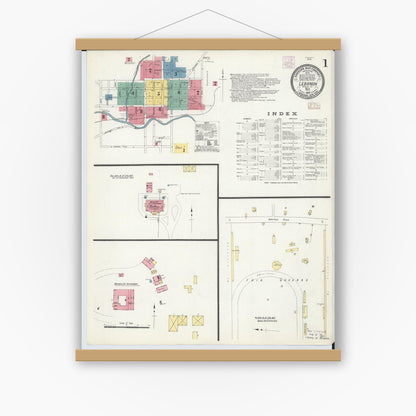 Old map wall art mockup — magnetic wood frame on white wall — Sanborn Fire Insurance Map from Lebanon, Warren County, Ohio (1907), Sheet #0001